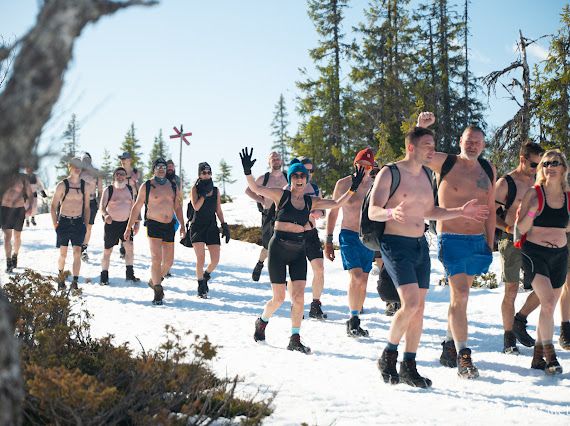 Group hiking in snow
